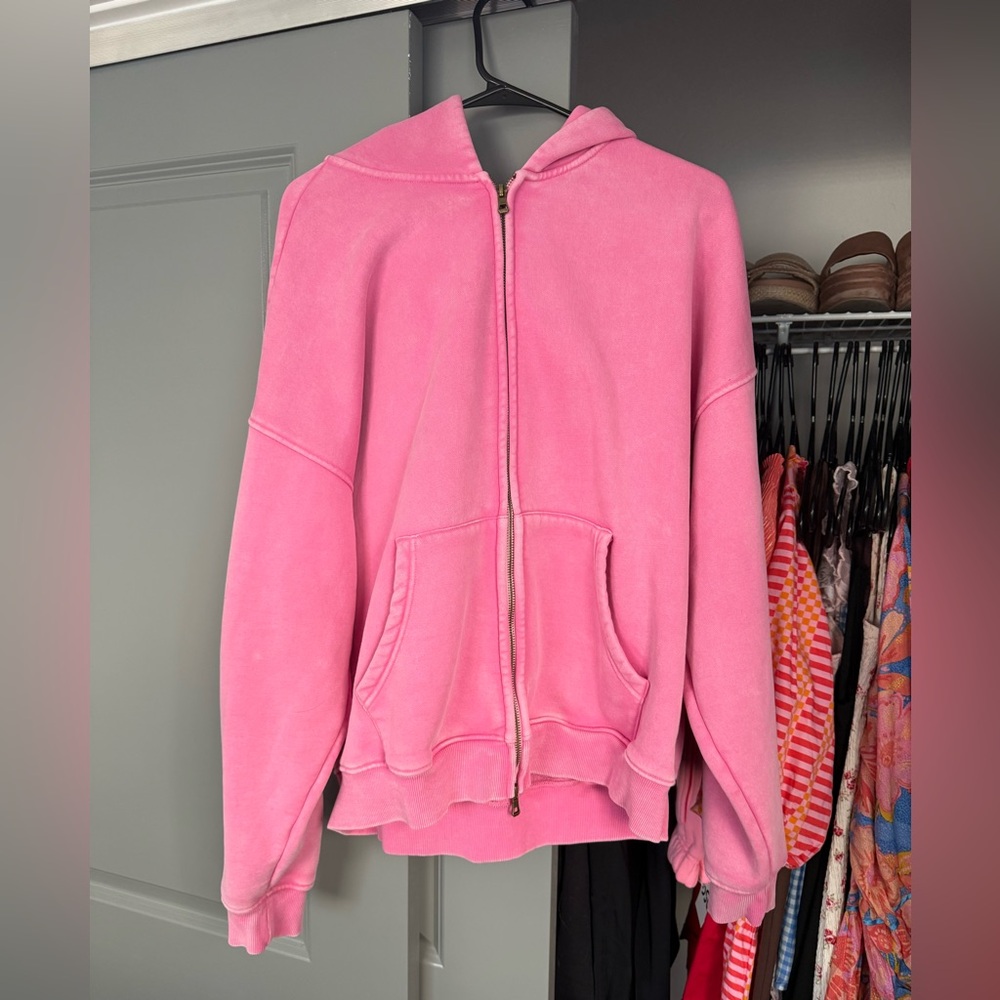 Bright Pink Zip-Up Hooded Sweatshirt with Front Pockets